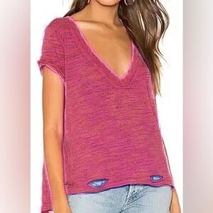 Free People Pink Short Sleeve V Neck Distressed Tee Shirt Small